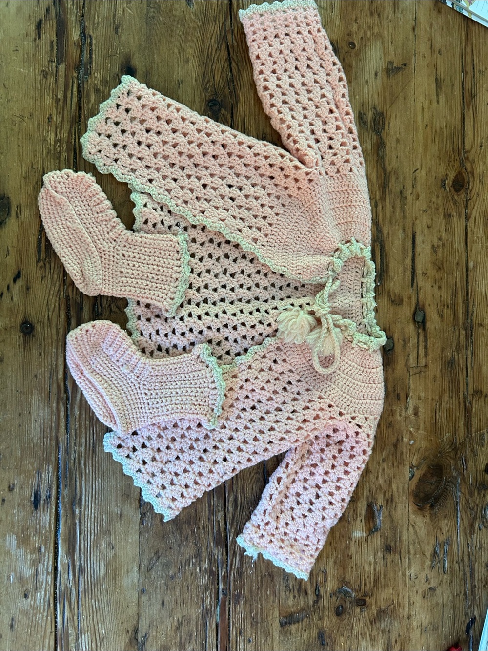 Vintage Handmade Crochet Baby Cardigan & Booties - Peach with Cream Trim